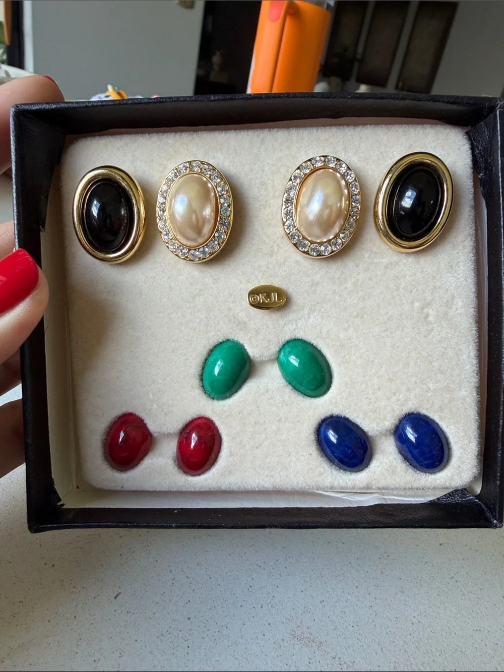 Vintage Magnetic KJL Classic Gold-Tone Pearl and Black Oval Earring